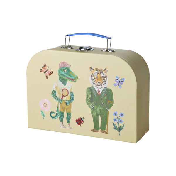 Beige suitcase with animal illustrations on a white background