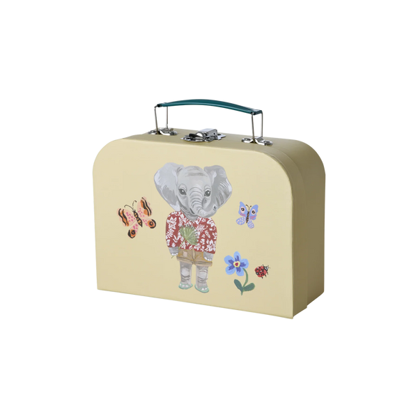 Beige suitcase with an elephant design and decorative elements on a white background