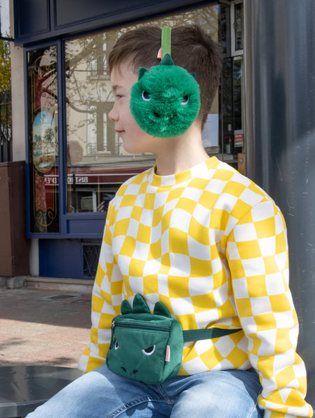 Boy wearing T-Rex Bum Bag and earmuffs - Rockahula