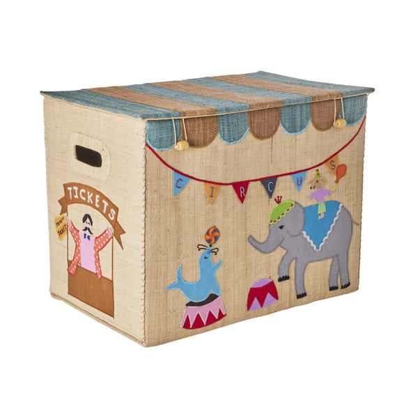 Toy storage box with circus-themed design on a white background