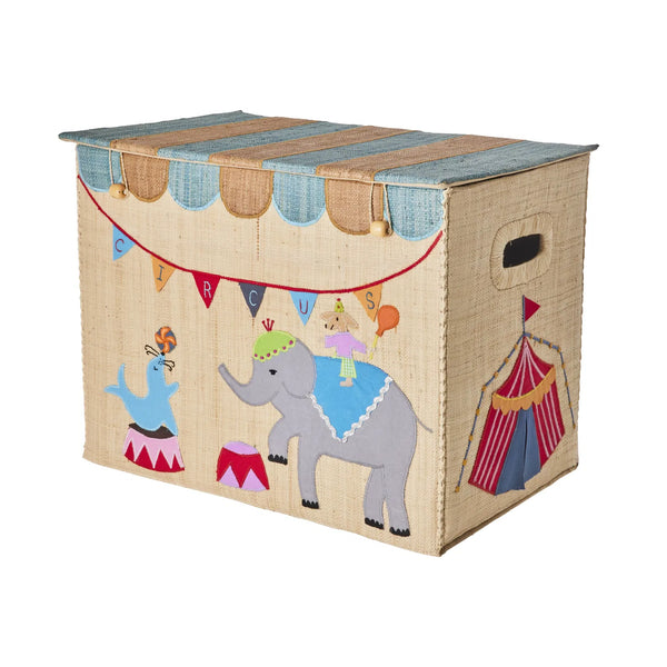 Toy storage box with circus-themed design featuring an elephant and colourful flags on a beige background.