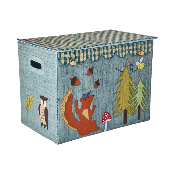 Toy box with forest-themed design featuring a fox, owl, and trees on a blue background.