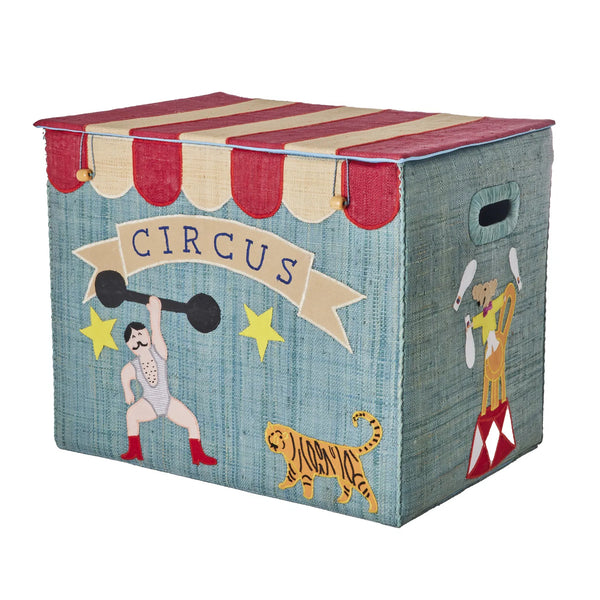 Toy storage box with circus-themed design on a white background