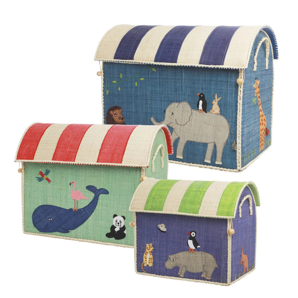 Set of three colourful toy storage boxes with animal illustrations on a white background