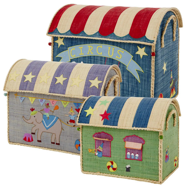 Toy storage boxes with circus theme and colourful design on a white background