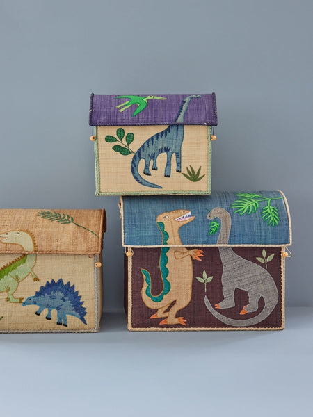 Small Multicolour Dinosaur Raffia Play & Toy Storage Basket - Rice DK