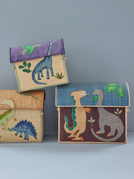 Small Multicolour Dinosaur Raffia Play & Toy Storage Basket - Rice DK