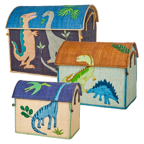 Small Multicolour Dinosaur Raffia Play & Toy Storage Basket - Rice DK