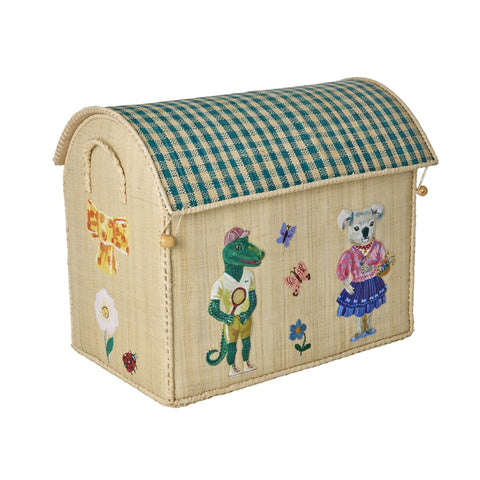 Angled view of Medium Nathalie Lété Raffia Play & Toy Storage Basket by Rice DK