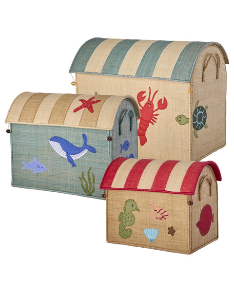 Three toy storage boxes with colorful sea-themed designs on a white background