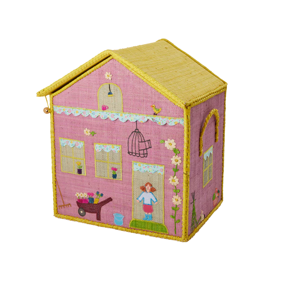 Medium Pink House Raffia Play & Toy Storage Basket - Rice DK