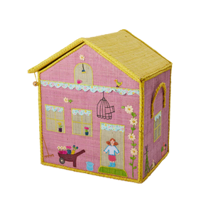 Medium Pink House Raffia Play & Toy Storage Basket - Rice DK