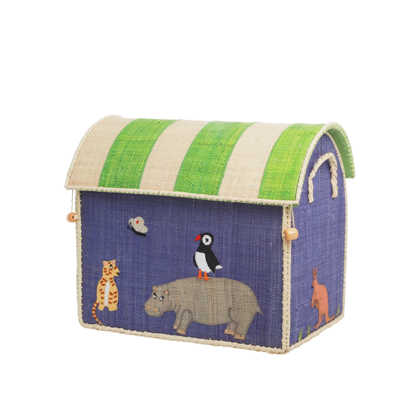 Children's toy storage box with animal illustrations on a white background