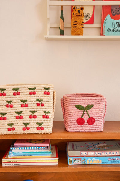 Pink Big Cherry Design Square Raffia Basket - Rice DK