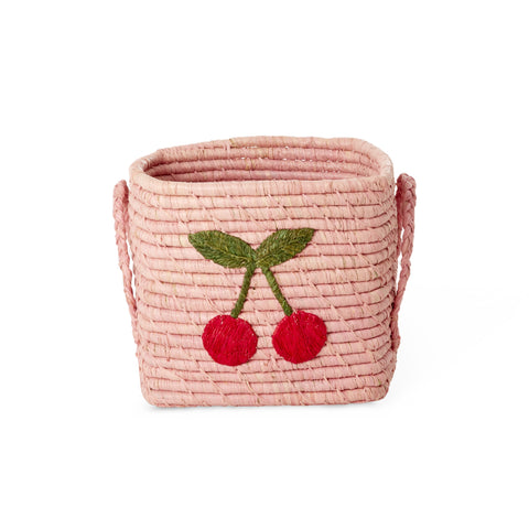 Pink Big Cherry Design Square Raffia Basket - Rice DK