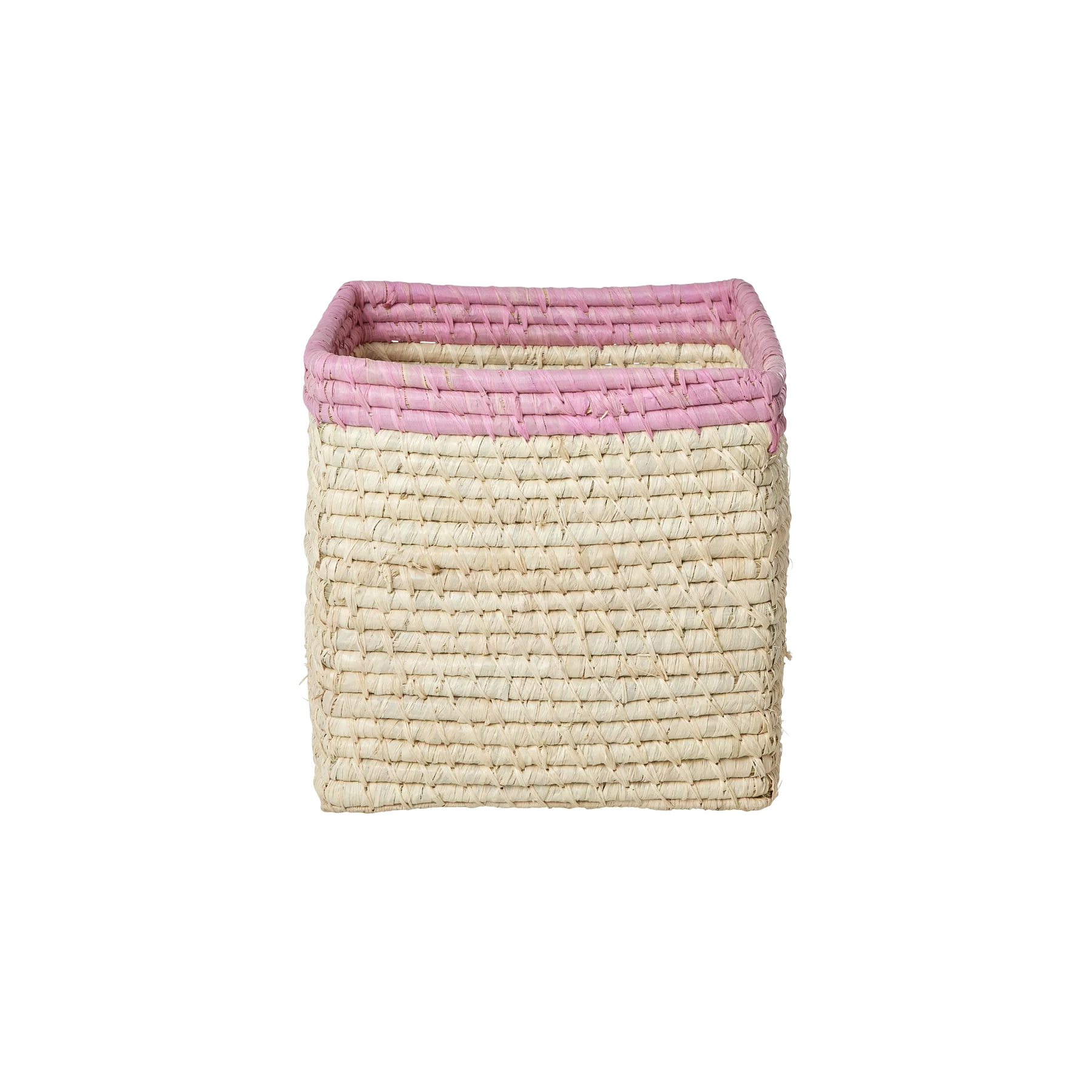 Natural/Pink Small Square Raffia Storage Basket - Rice DK