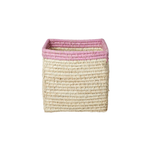 Natural/Pink Small Square Raffia Storage Basket - Rice DK