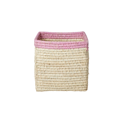 Natural/Pink Small Square Raffia Storage Basket - Rice DK