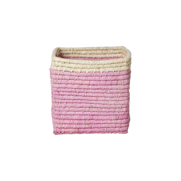 Pink/Natural Small Square Raffia Storage Basket - Rice DK