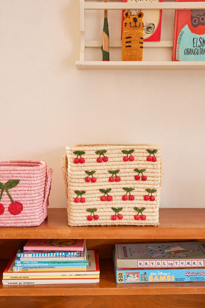 Small Embroidered Cherries Square Raffia Basket - Rice DK