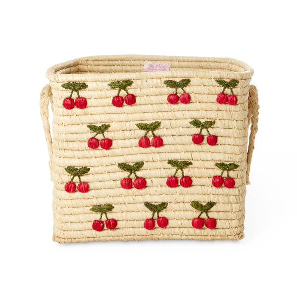 Small Embroidered Cherries Square Raffia Basket - Rice DK