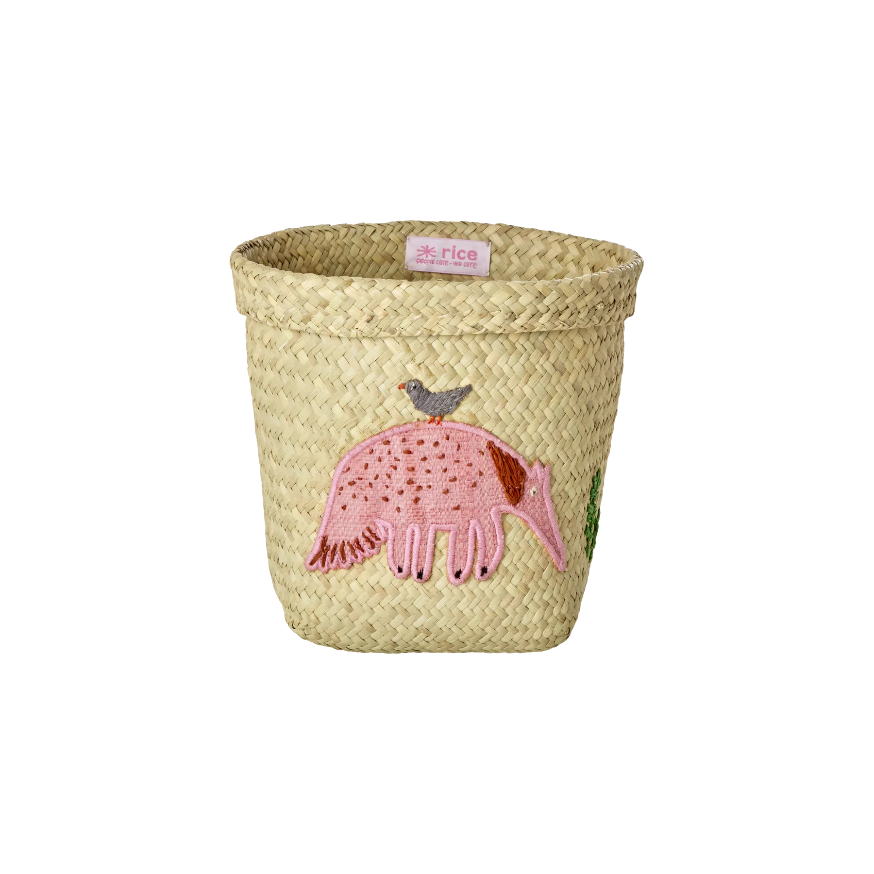 Small Ant Eater Embroidery Round Raffia Storage Basket - Rice DK