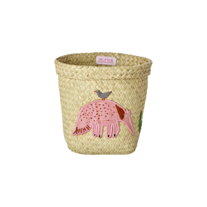 Small Ant Eater Embroidery Round Raffia Storage Basket - Rice DK