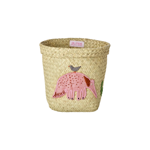 Small Ant Eater Embroidery Round Raffia Storage Basket - Rice DK