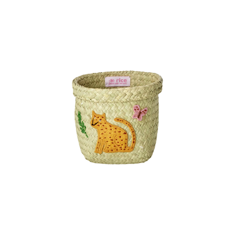 Extra Small Leopard Embroidery Round Raffia Storage Basket - Rice DK