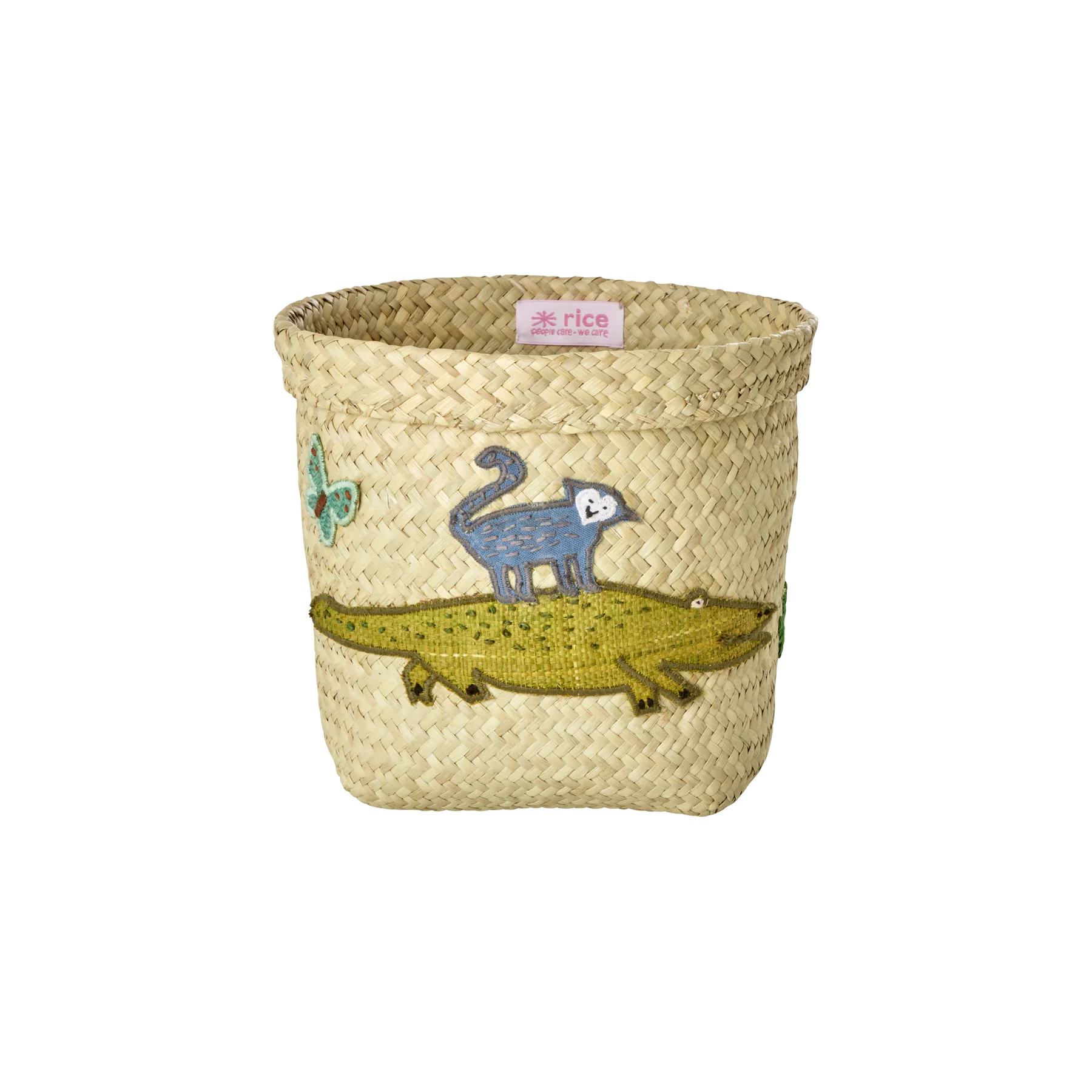 Small Crocodile Embroidery Round Raffia Storage Basket - Rice DK