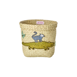 Small Crocodile Embroidery Round Raffia Storage Basket - Rice DK