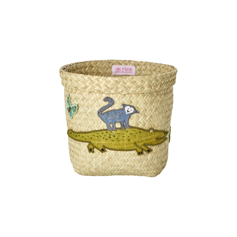 Small Crocodile Embroidery Round Raffia Storage Basket - Rice DK