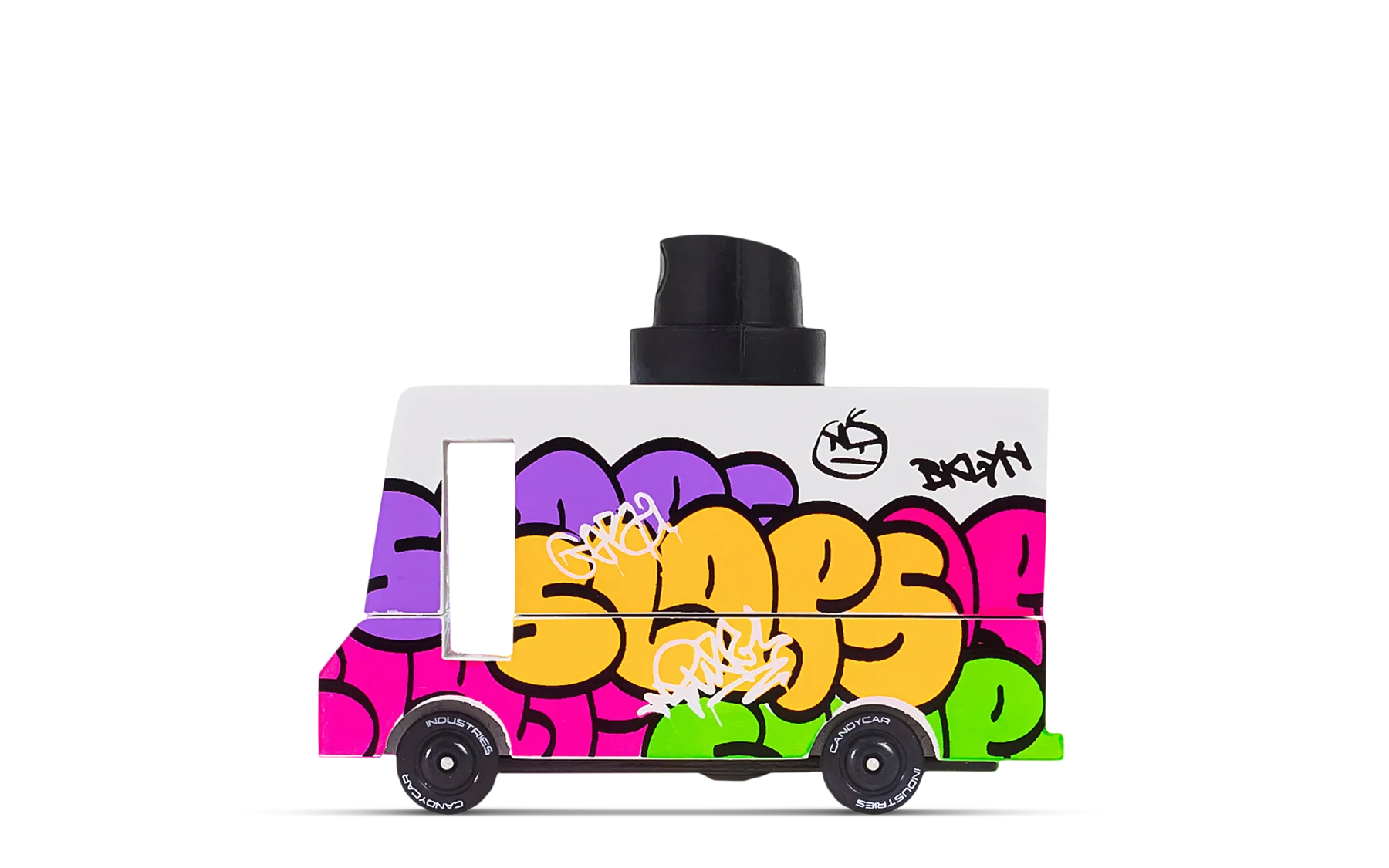 Colorful toy truck with graffiti-style design on a white background