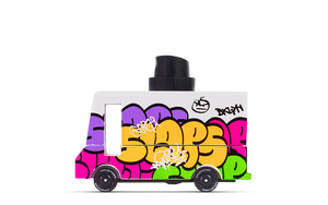 Colorful toy truck with graffiti-style design on a white background
