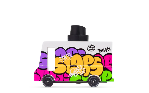 Colorful toy truck with graffiti-style design on a white background