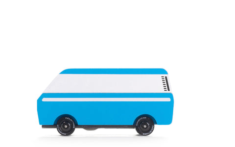 Blue and white toy van on a white background