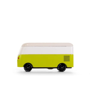 Small vehicle model with a white top and green body on a white background