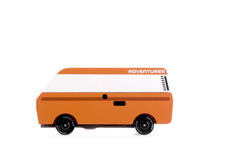 Model of a brown and white camper van with 'Adventurer' branding on a white background