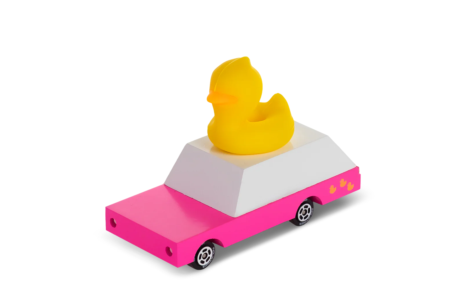Pink toy car with a yellow rubber duck on top against a white background