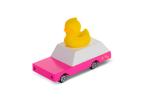 Pink toy car with a yellow rubber duck on top against a white background