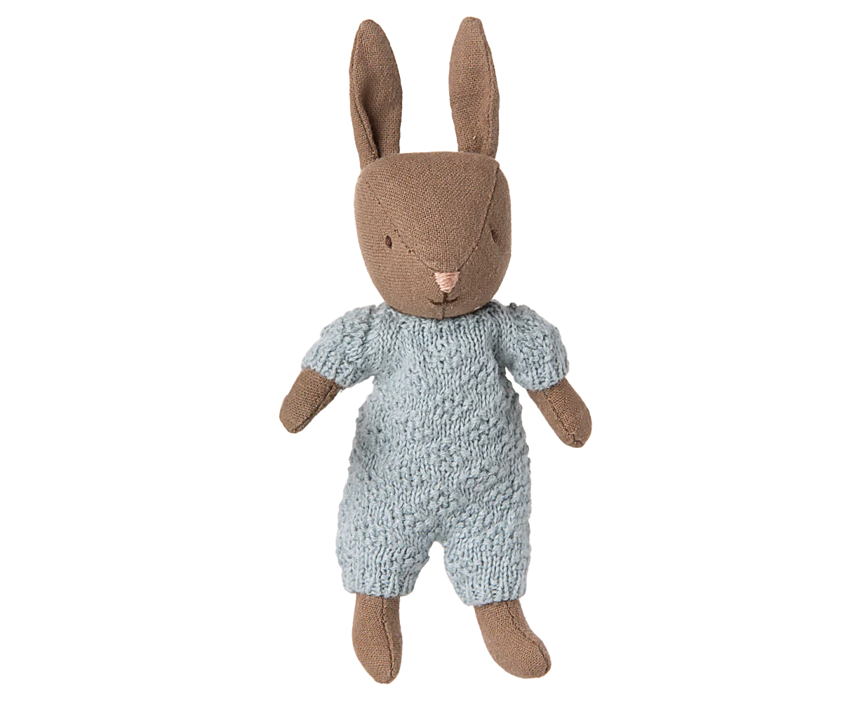 Micro Brown Rabbit in Blue Knitted Suit - Maileg