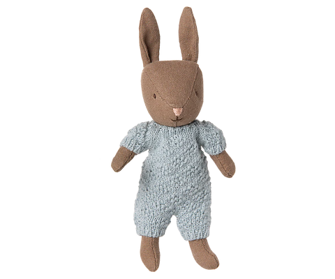 Micro Brown Rabbit in Blue Knitted Suit - Maileg