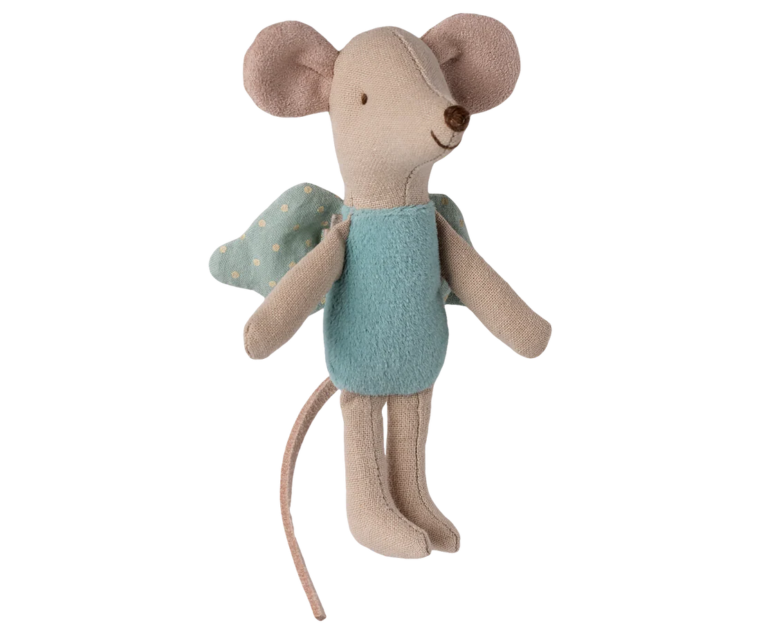 Stuffed mouse toy with a light blue outfit on a white background