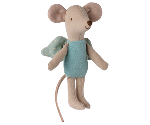 Stuffed mouse toy with a light blue outfit on a white background