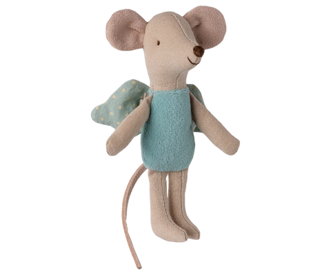 Stuffed mouse toy with a light blue outfit on a white background
