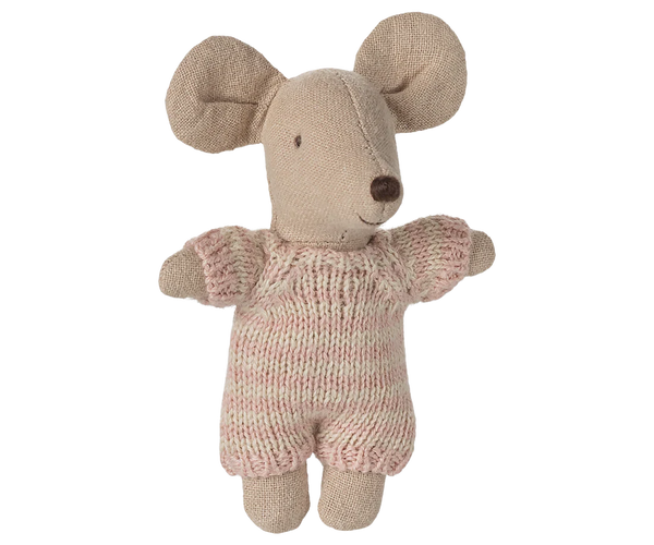 Mouse toy with a knitted pink sweater on a white background
