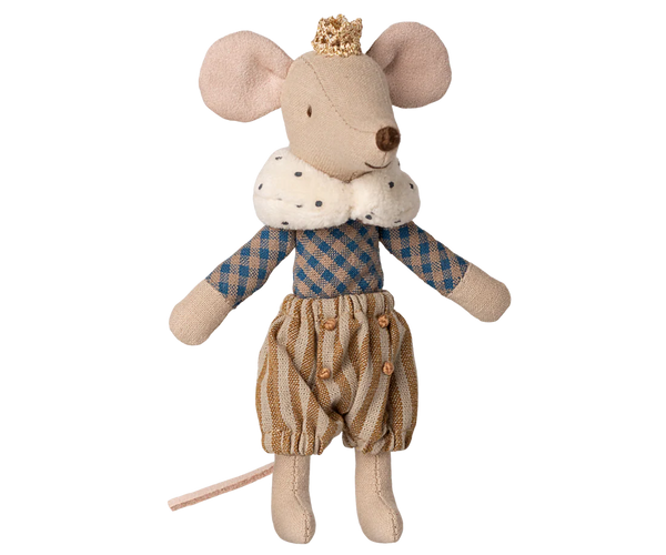 Prince mouse stuffed toy wearing a crown, furry cape and smart striped trousers against a white background