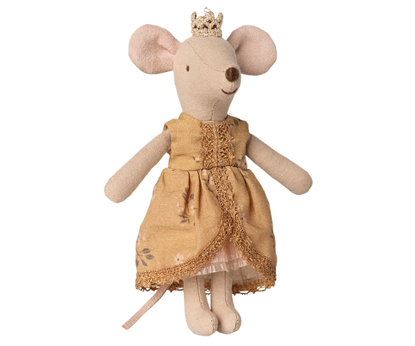 Stuffed mouse toy wearing a peach dress and crown on a white background