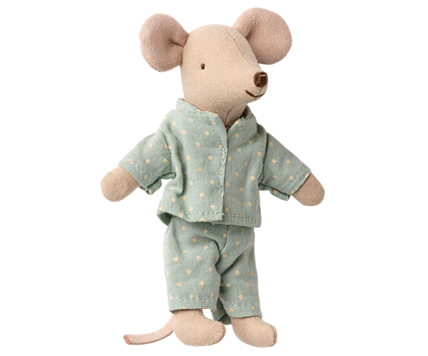 Stuffed mouse toy wearing a light blue pyjamas with small dots on a white background