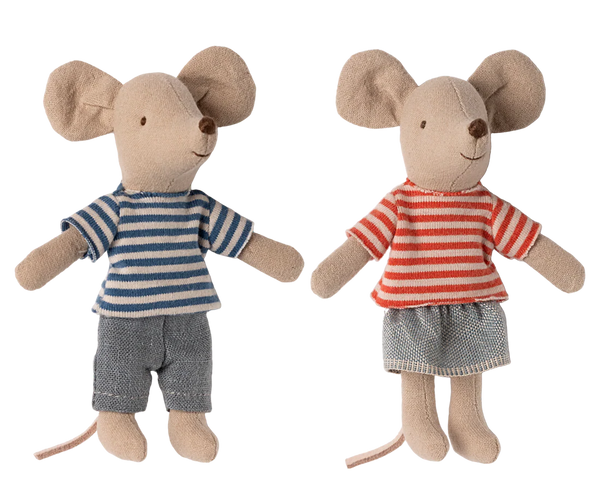 Two toy mice dressed in striped shirts on a white background